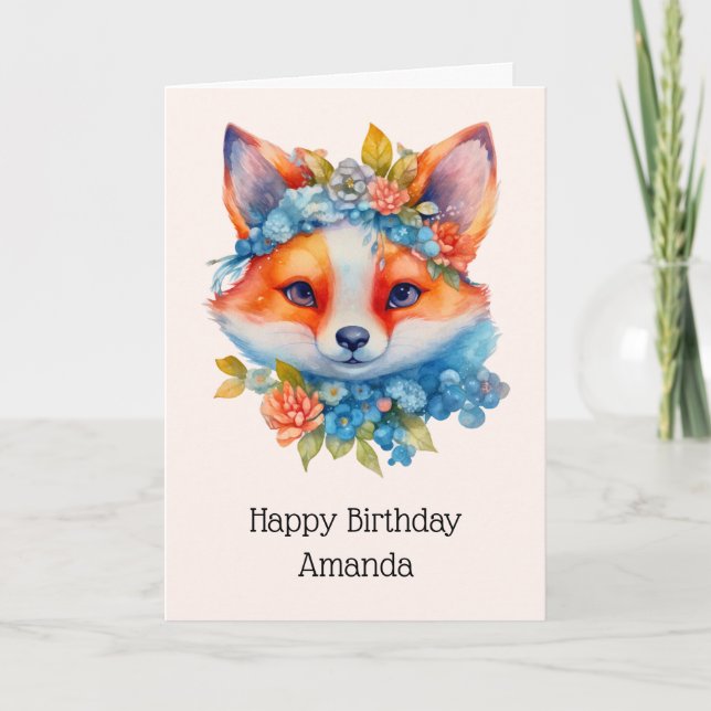Carte Cute Renard orange avec Couronne florale Anniversa (Devant)