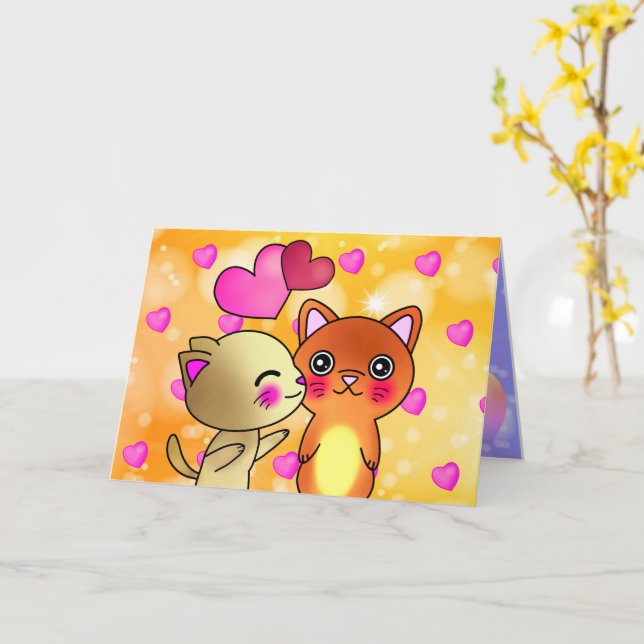 Carte Cute Romance Couple Chats pour Valentines (Fleur jaune)