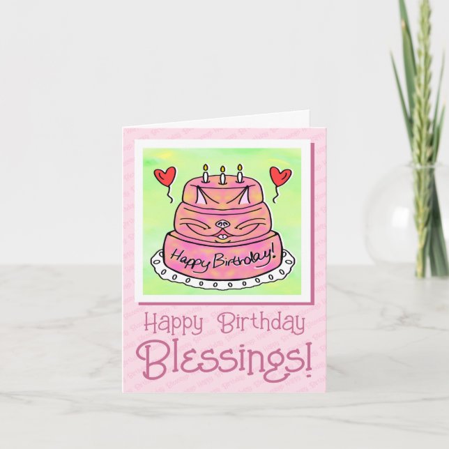 Carte Cute Rose Cat Cake Heureux Bénédictions Anniversai (Devant)