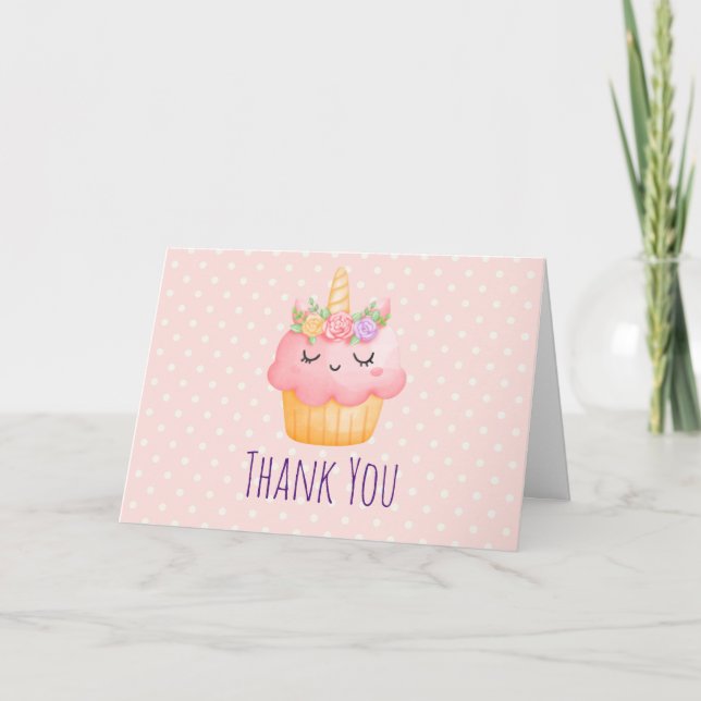 Carte Cute rose Cupcake Unicorn avec Merci Rose (Devant)