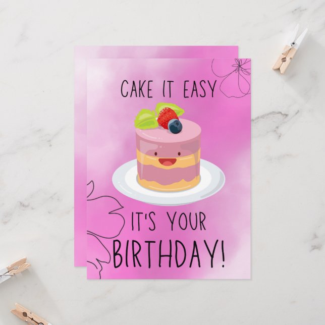 Carte Cute Rose drôle Anniversaire Gâteau Salutation (Devant/Arrière en situation)
