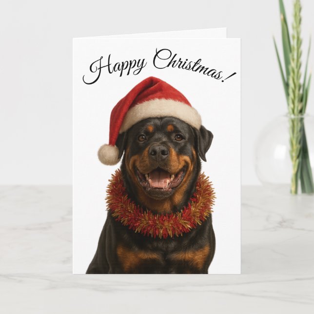Carte Cute Rottweiler in a Santa hat Christmas card (Devant)