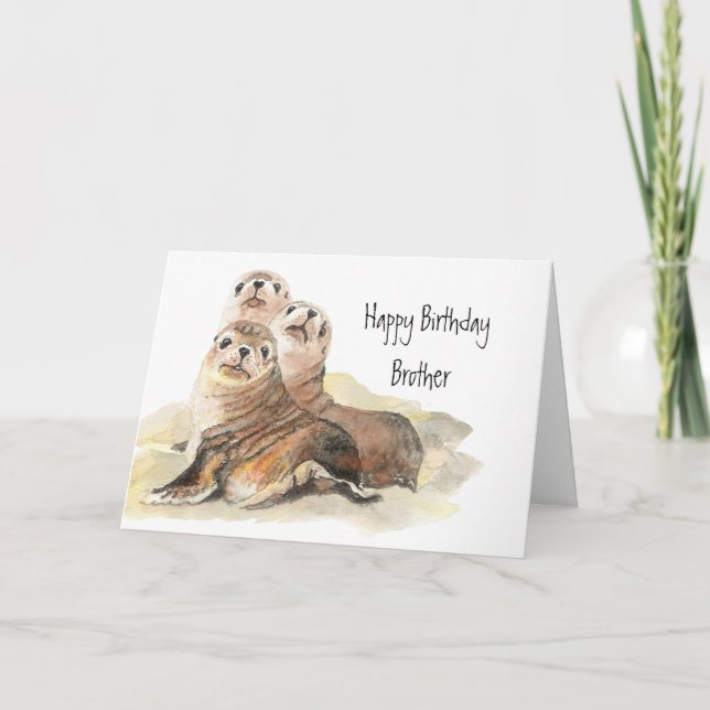 Carte Cute Seals Brother Birthday Watercolor Animals (Devant)