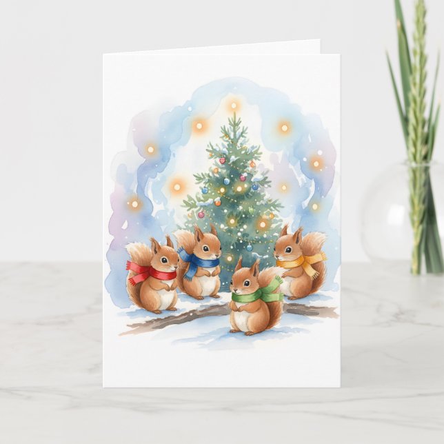 Carte Cute Singing Woodland Squirrels Watercolor Holiday (Devant)
