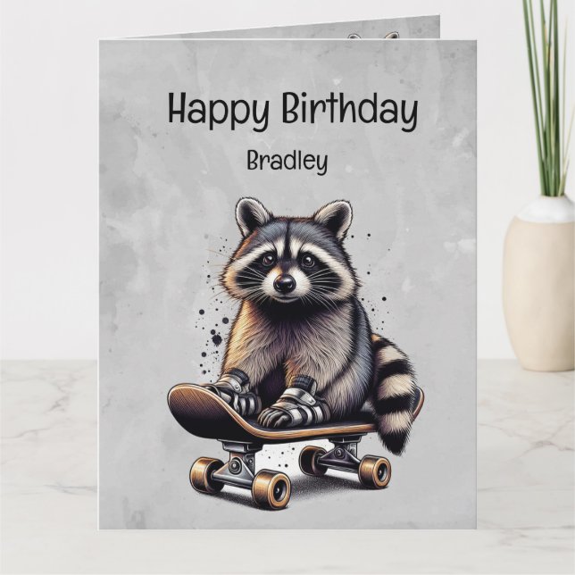 Carte Cute Skateboard Raccoon Fun Animal Anniversaire (Devant)
