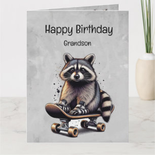 Carte Cute Skateboard Raccoon Grandson Anniversaire