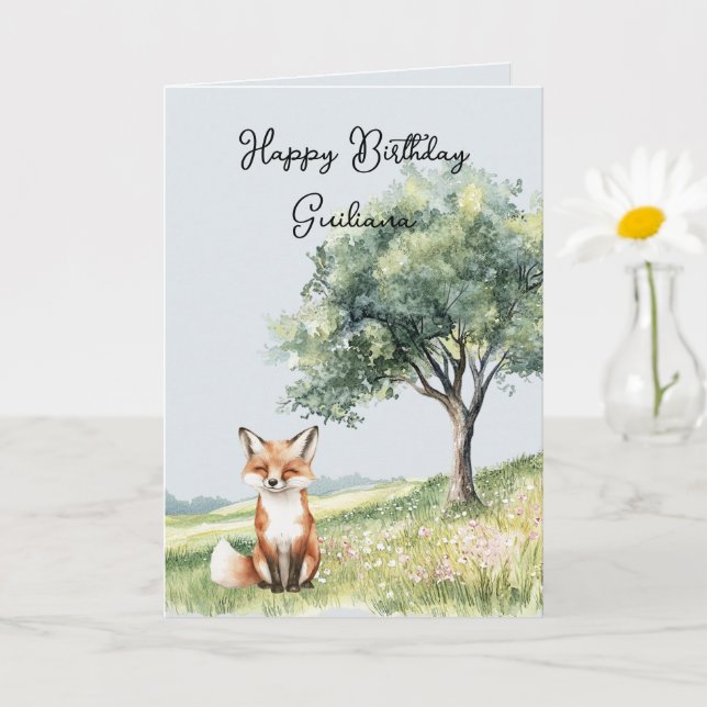 Carte Cute Smiling Fox Field of Flowers Tree Birthday (Petite plante)