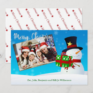 Carte Cute Snowman avec un cadeau et votre photo