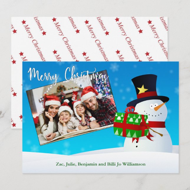 Carte Cute Snowman avec un cadeau et votre photo (Devant / Derrière)