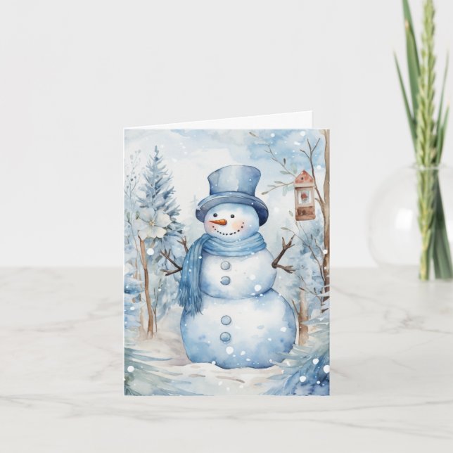 Carte Cute Snowman Bleu Casquette Écharpe Arbres Birdhou (Devant)