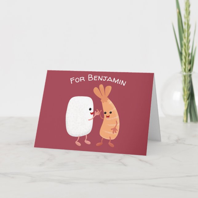 Carte Cute sushi riz crevettes amis dessin animé (Devant)