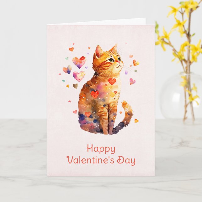 Carte Cute Tabby Chat avec Coeurs Saint-Valentin (Fleur jaune)