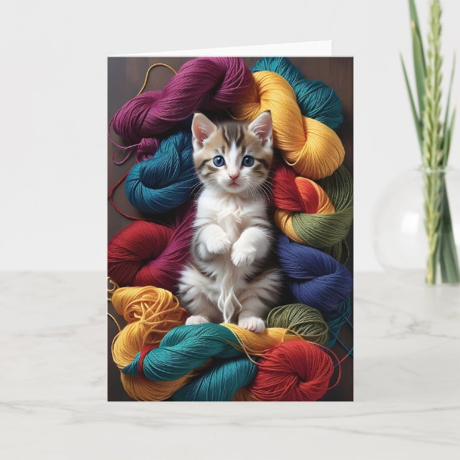 Carte Cute Tabby Chat Jouer dans des rouleaux de Fil bla (Devant)