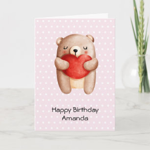 Carte Cute Teddy Bear portant un cœur rouge pour un anni