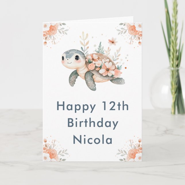 Carte Cute tortue florale fête d'anniversaire (Devant)