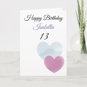 Carte Cute Turquoise & Purple Aquarelle Coeurs 13e Anniv