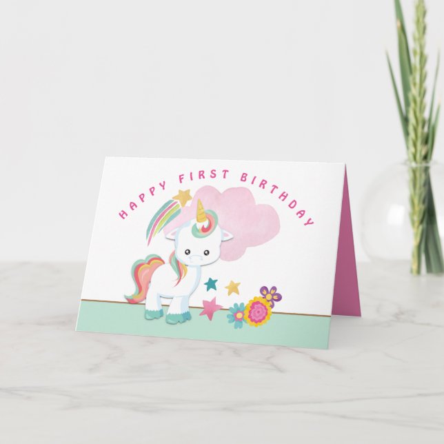 Carte Cute Unicorn Joyeux Premier Anniversaire (Devant)