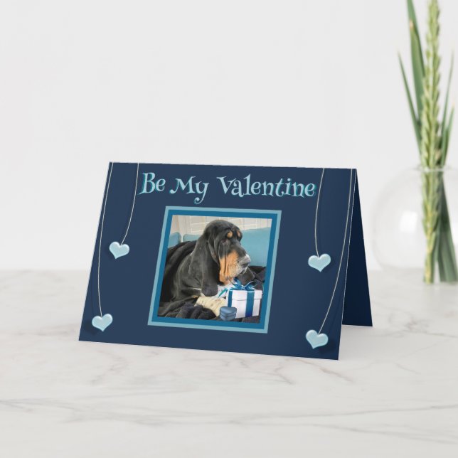Carte Cute Valentine avec Basset Hound & Hearts en Bleu (Devant)