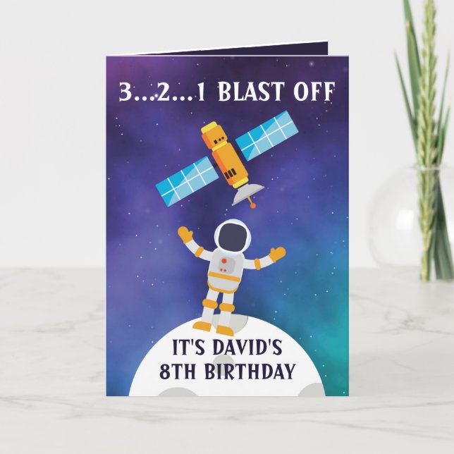Carte Cute Violet Bleu Astronaut Satellite 8e anniversai (Devant)