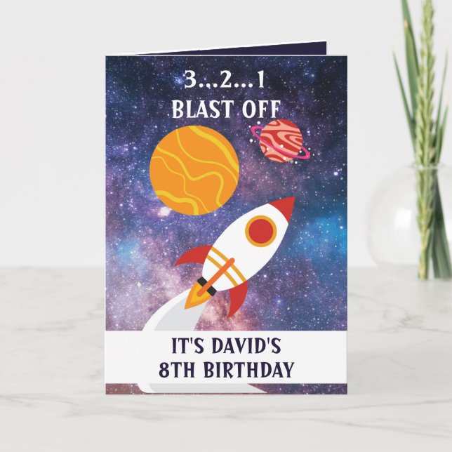 Carte Cute Violet Blue Space Rocket Planètes 8e annivers (Devant)