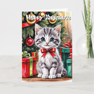 Carte Cute Watercolor Christmas Cat Personalized Greetin