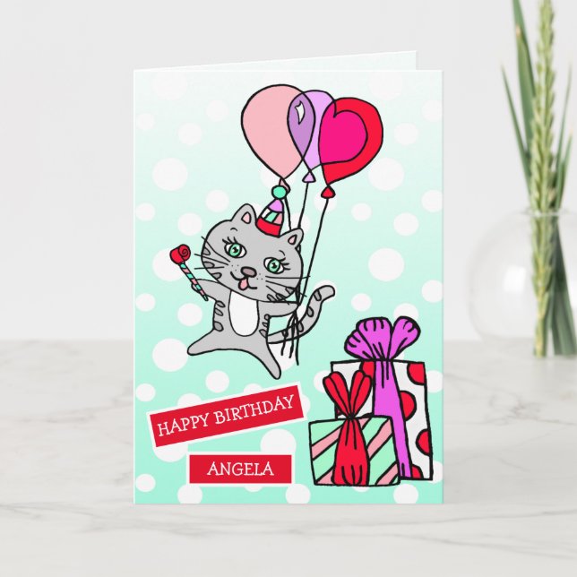 Carte Cute Whimsical Chat et Ballons Anniversaire (Devant)
