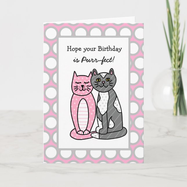 Carte Cute Whimsical Folk Art Chats Anniversaire (Devant)