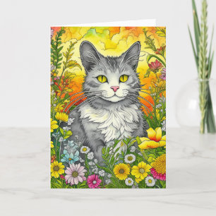 Carte Cute Whimsical Folk Style Art Chat et Fleurs