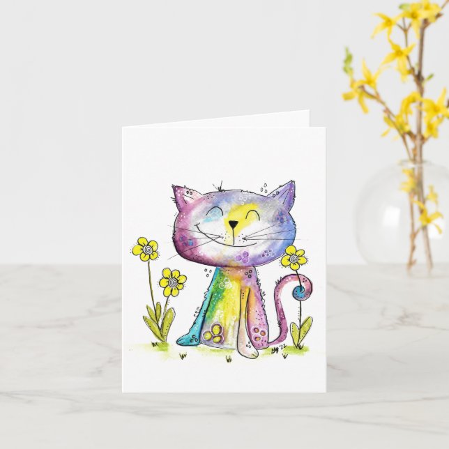 Carte Cute Whimsical Happy Chat avec Fleurs Jaunes (Fleur jaune)