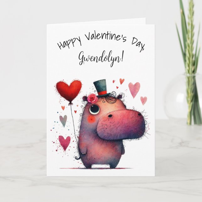Carte Cute Whimsical Hippo Happy Valentine's Day (Devant)