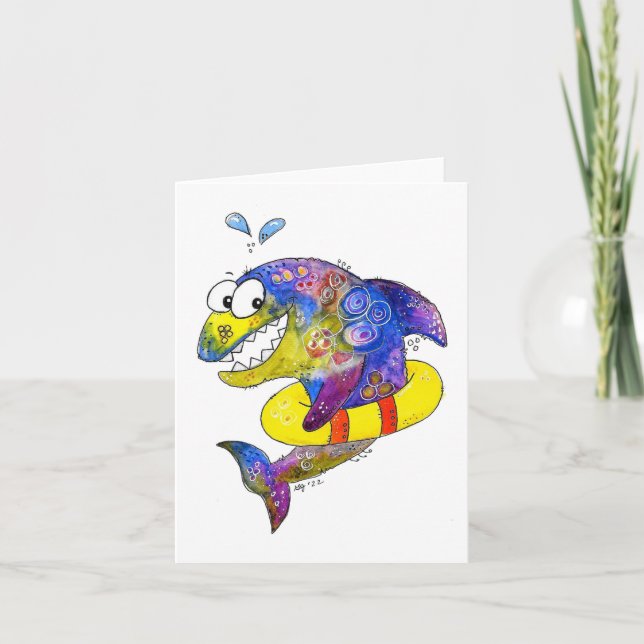 Carte Cute Whimsical Requin coloré en flotteur (Devant)