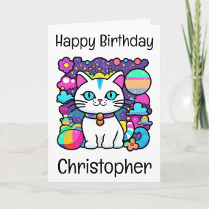 Carte Cute White Cosmic Space Kitty Chat Anniversaire