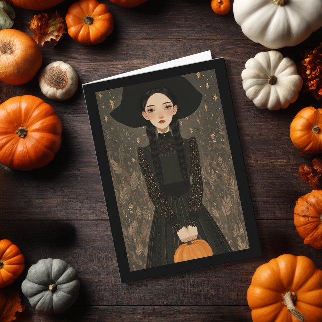 Carte Cute Witch Girl Hat & Pumpkin Kids Halloween (Créateur téléchargé)