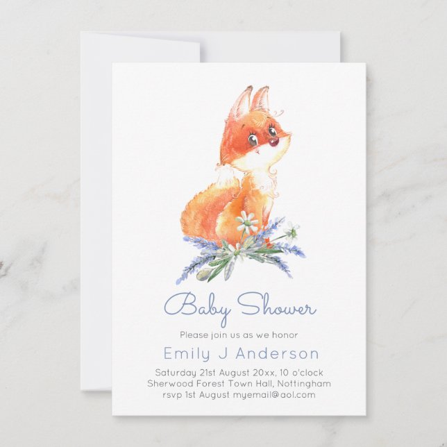 Carte Cute Woodland Fox Lavender Baby shower Incl Env. (Devant)