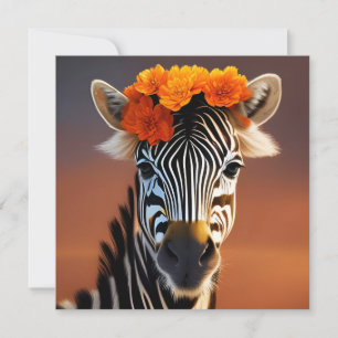 Carte Cute Zebra portant des fleurs orange