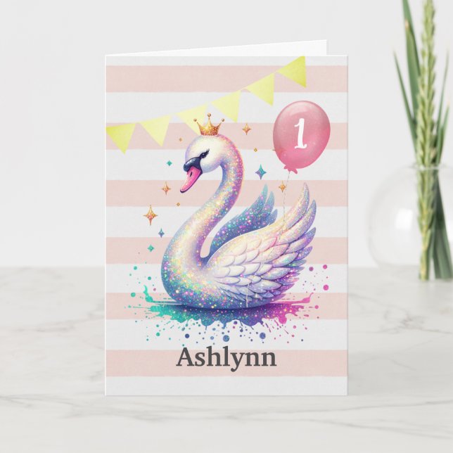 Carte Cygne rose et or princesse 1er anniversaire (Devant)