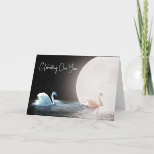 Carte Cygnes blancs et lune 1er anniversaire