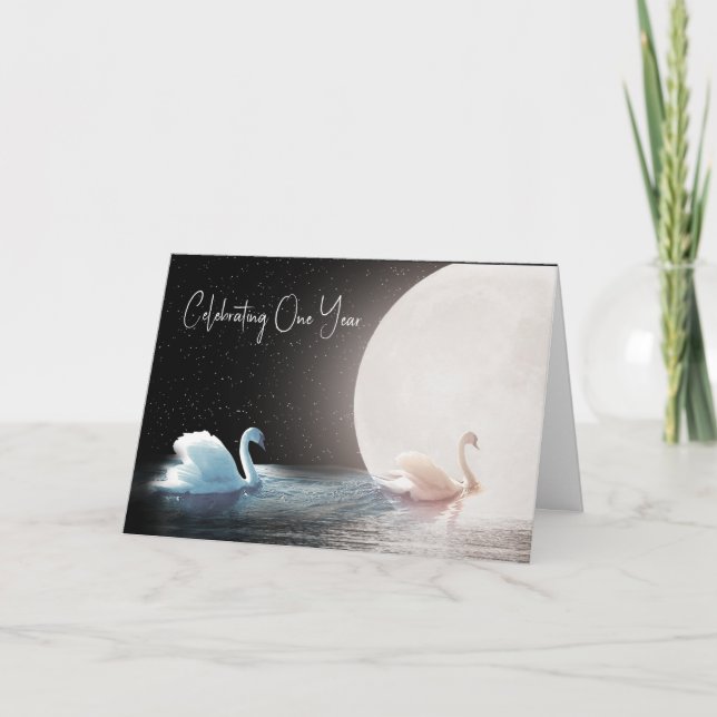 Carte Cygnes blancs et lune 1er anniversaire (Devant)