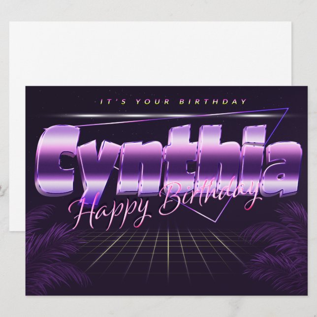 Carte Cynthia Nom Prénom lila retro Anniversaire (Devant / Derrière)