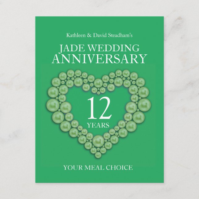 Carte D'accompagnement 12e Jade Mariage Anniversaire vert choix de repas (Devant)