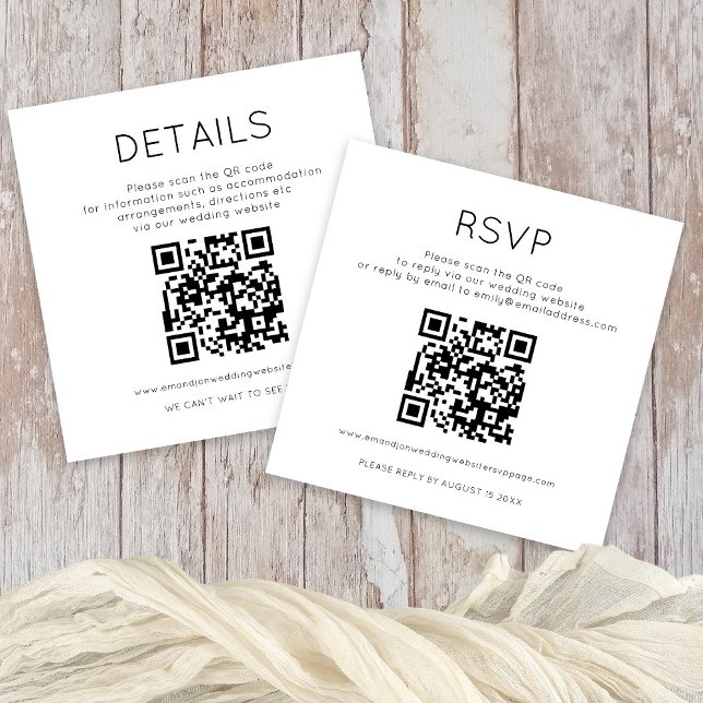 Carte D'accompagnement 2 codes QR noir blanc détails Mariage RSVP (Front and Back View All in One RSVP and Details mini enclosure wit two QR codes)