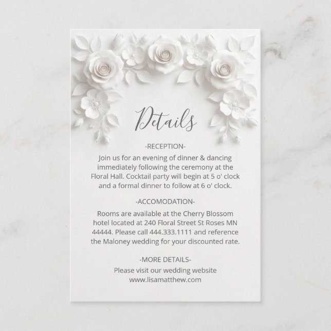 Carte D'accompagnement 3D Sculptured Roses Minimalist White (Devant)