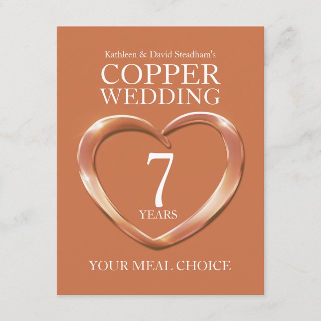 Carte D'accompagnement 7e Mariage de cuivre Anniversaire choix de repas (Devant)