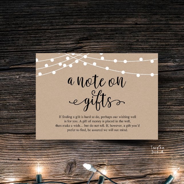 Carte D'accompagnement A Note On Gifts, Rustic Wedding (A Note On Gifts, Rustic Wedding Enclosure Card brown Kraft String Lights Honeymoon Fund, Cash)