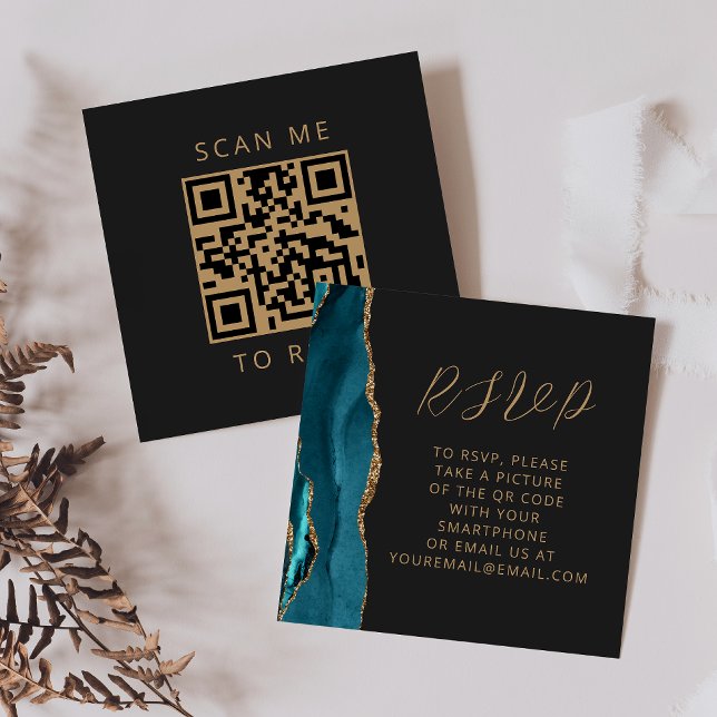 Carte D'accompagnement Agate Turquoise Blue Gold Dark Mariage QR Code RSV (Créateur téléchargé)