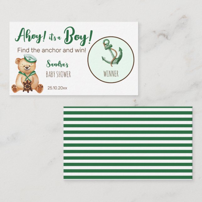 Carte D'accompagnement Ahoy c'est un baby shower d'ours en peluche (Devant / Derrière)