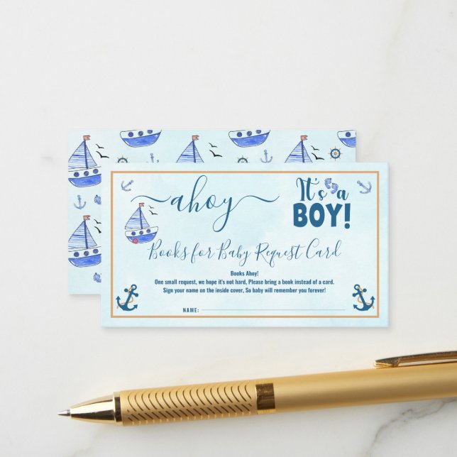 Carte D'accompagnement Ahoy c'est un Boy Sailboat Baby shower nautique (Devant/Arrière en situation)