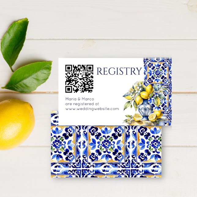 Carte D'accompagnement Amalfi Italien bleu tuiles citrons qr registre cad (Amalfi Italian Vietri blue tiles and lemons bridal shower wedding qr gift registry Enclosure Card)