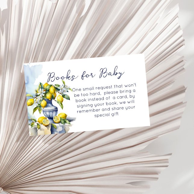 Carte D'accompagnement Amalfi Italien vase citrons demande de réservation (Amalfi Italian summer baby shower blue vase lemons book request Enclosure Card books for baby cards)