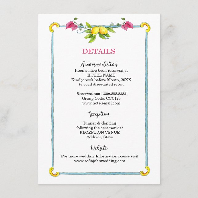 Carte D'accompagnement Amalfi Méditerranée détails de la mariage fleurie (Devant)